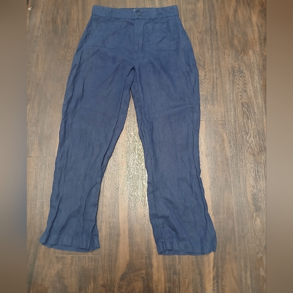 Nicole Miller Deep Navy Straight-Leg Linen Pants